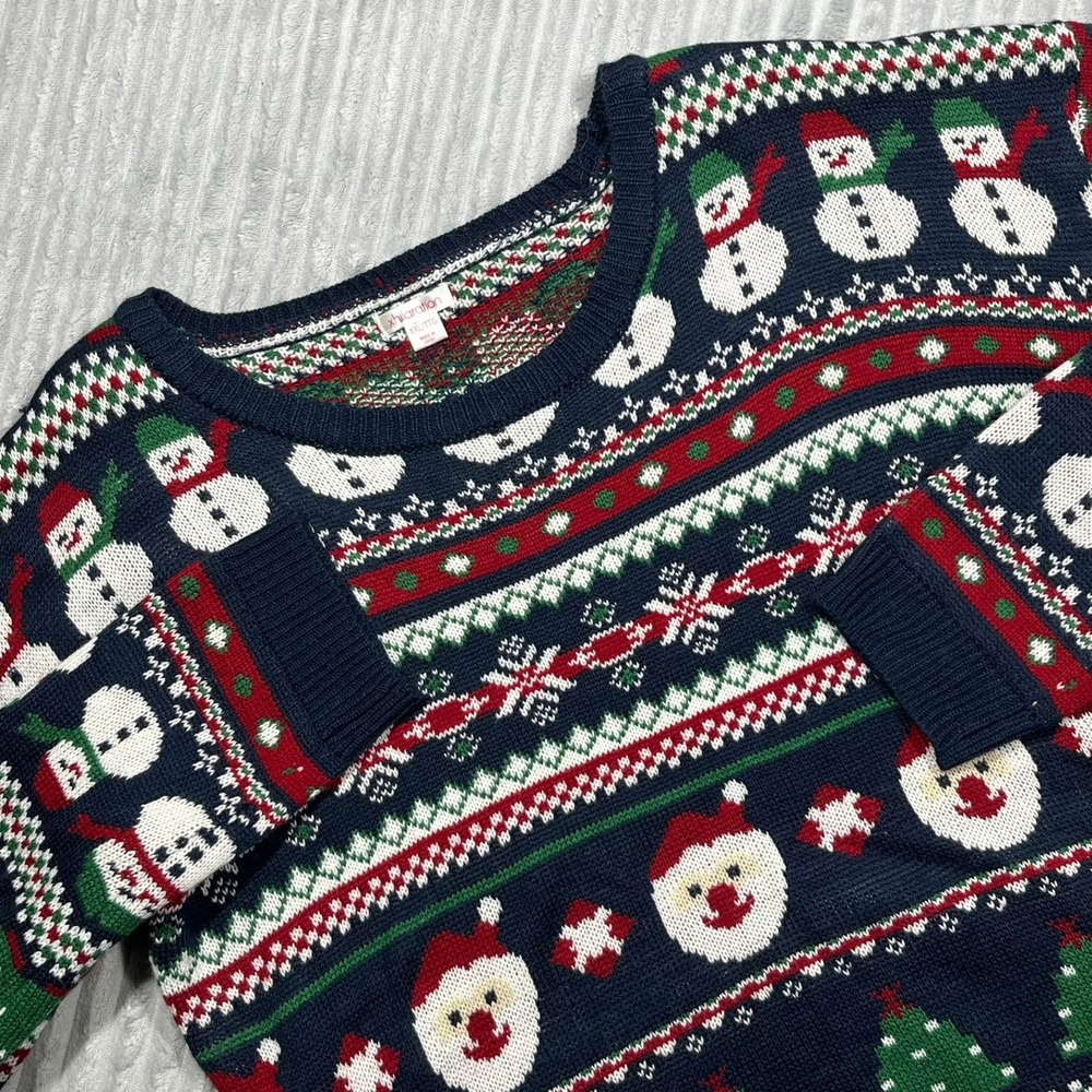 Xhilaration Women's Ugly Christmas Sweater Snowman Santa Tree‎ Print XXL Navy